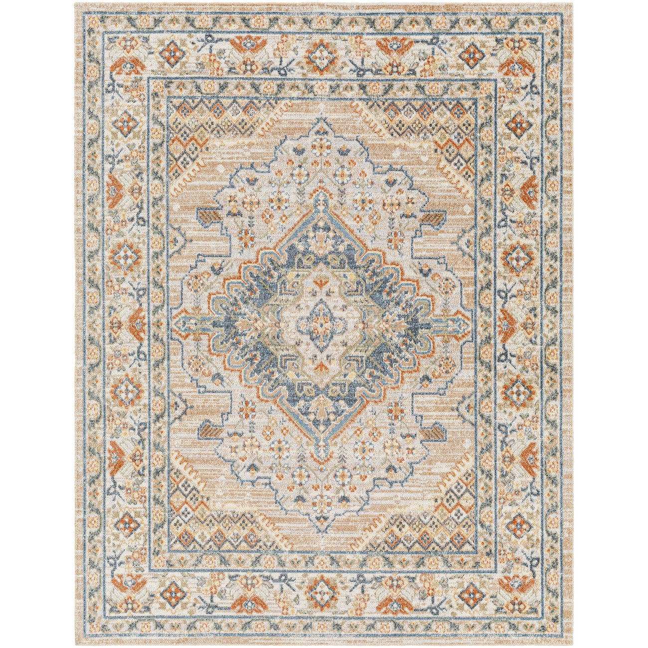 MARION Machine Washable Traditional Boho Oatmeal/Rust Area Rug Flat