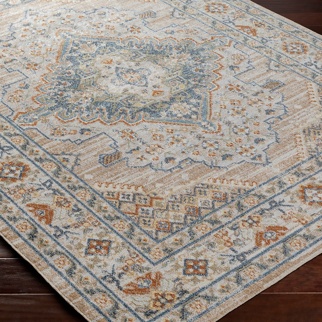 MARION Machine Washable Traditional Boho Oatmeal/Rust Area Rug Corner