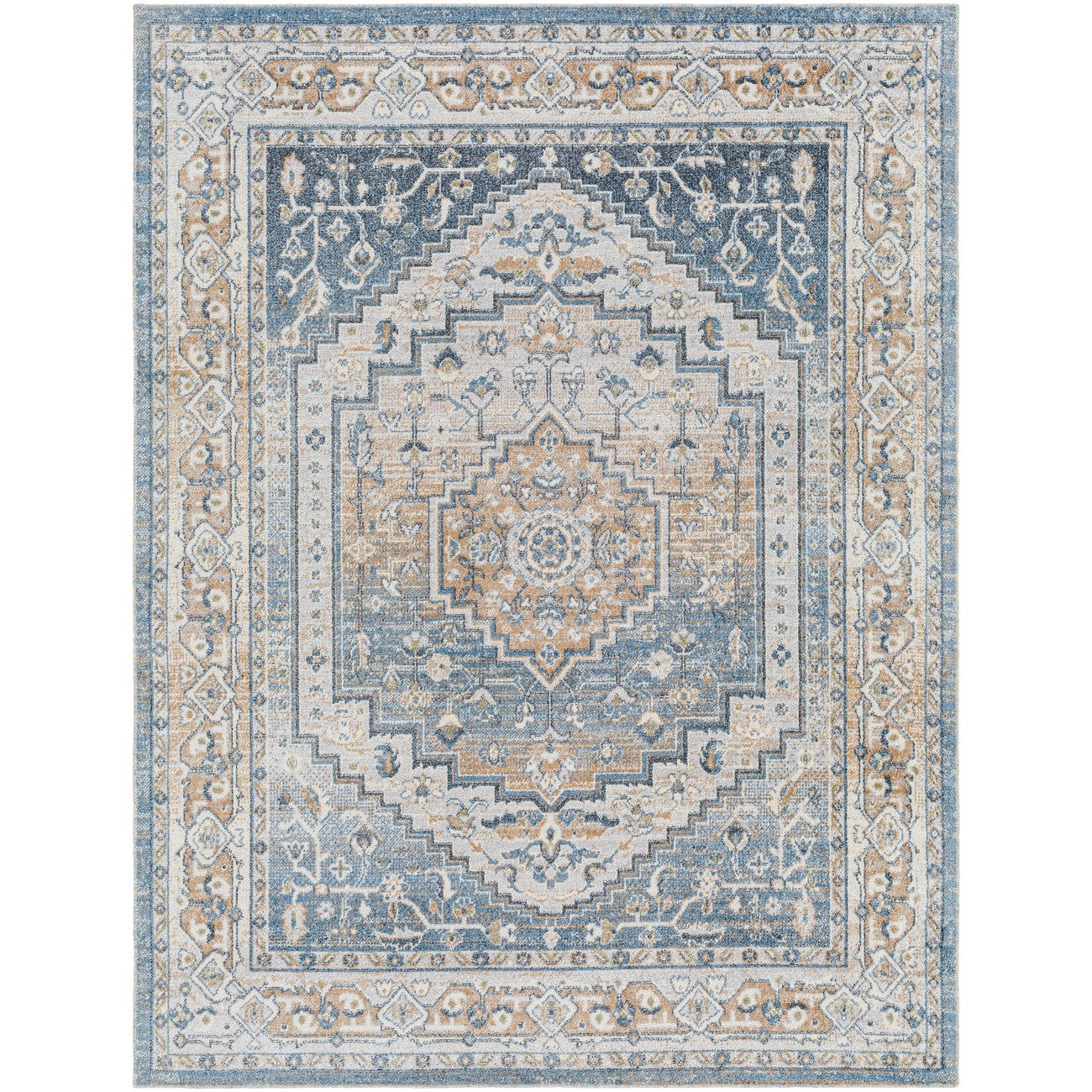 JENNIFER Machine Washable Traditional Boho Navy Blue Area Rug Flat