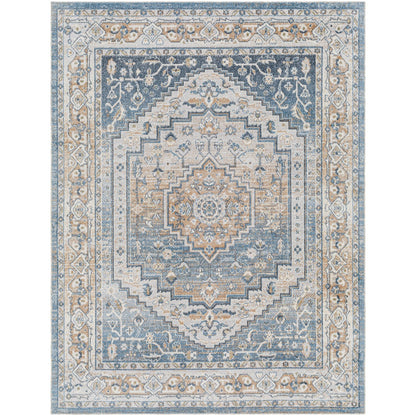 JENNIFER Machine Washable Traditional Boho Navy Blue Area Rug Flat