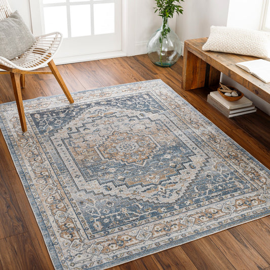JENNIFER Machine Washable Traditional Boho Navy Blue Area Rug Roomscene