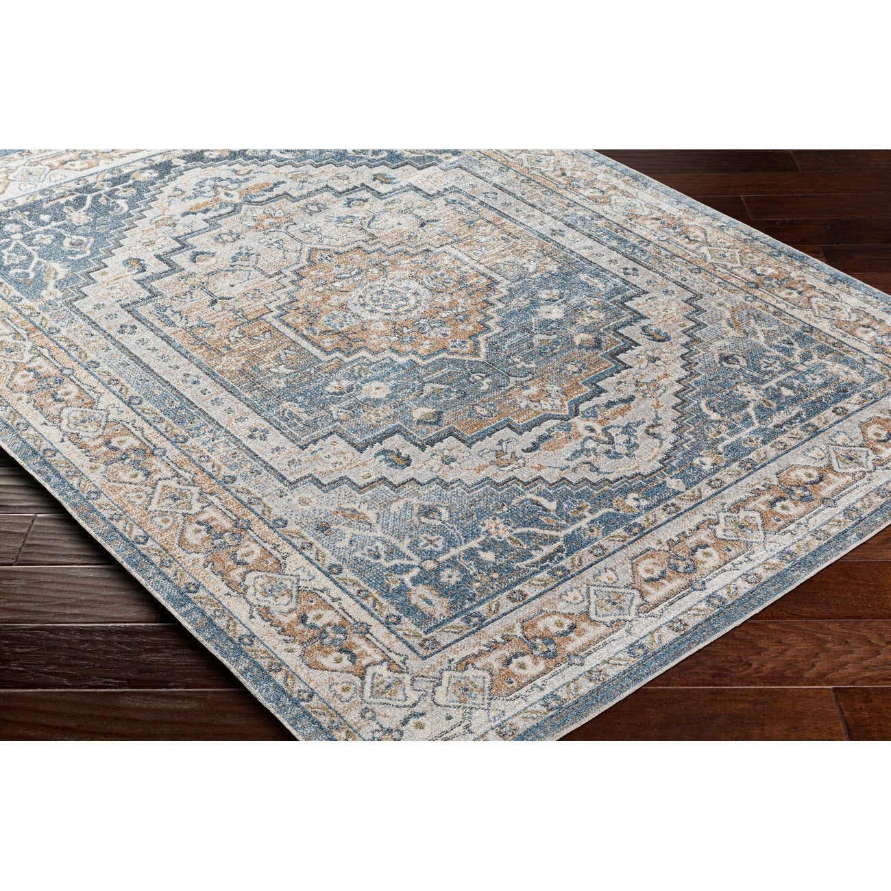JENNIFER Machine Washable Traditional Boho Navy Blue Area Rug Corner