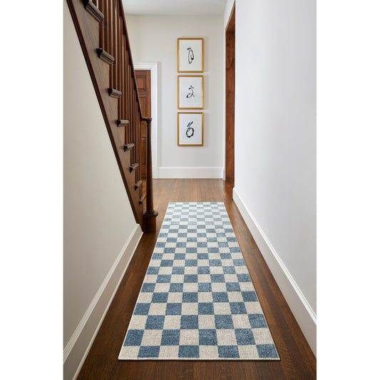 CHELSEA Machine Washable Geometric Pale Blue Checkered Area Rug Roomscene
