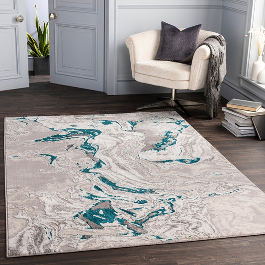 DAHLIA Abstract Modern Marble Teal Area Rug Roomscene