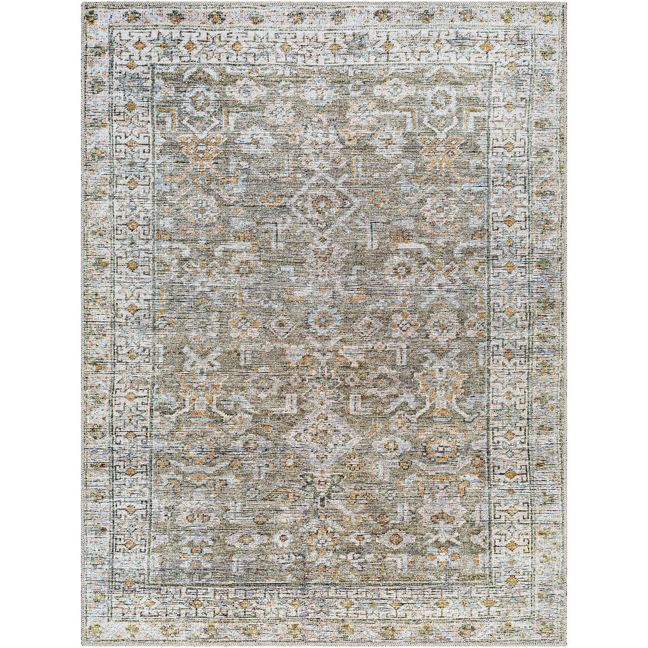 MAHAK Becki Owens x Livabliss Machine Washable Oriental Boho Khaki/Light Silver Area Rug Flat