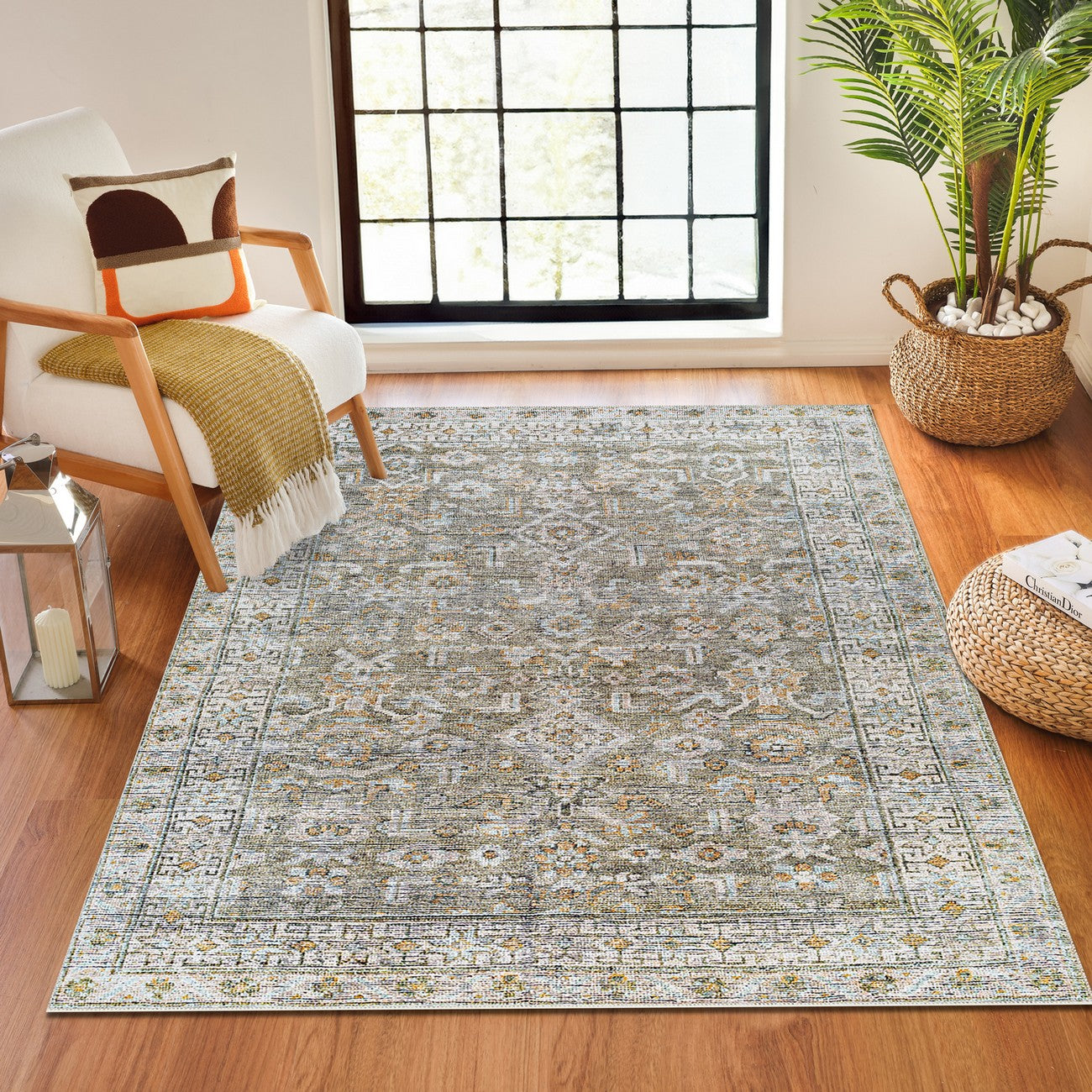 MAHAK Becki Owens x Livabliss Machine Washable Oriental Boho Khaki/Light Silver Area Rug Roomscene