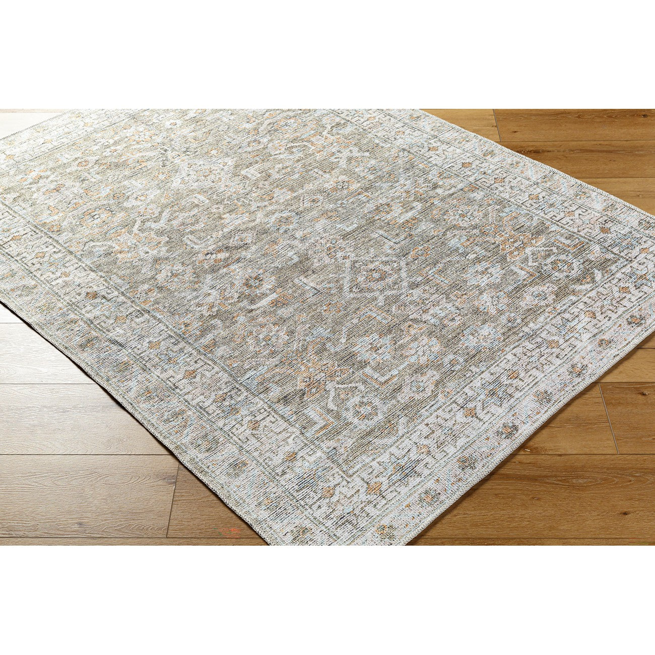 MAHAK Becki Owens x Livabliss Machine Washable Oriental Boho Khaki/Light Silver Area Rug Corner