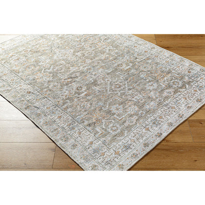 MAHAK Becki Owens x Livabliss Machine Washable Oriental Boho Khaki/Light Silver Area Rug Corner