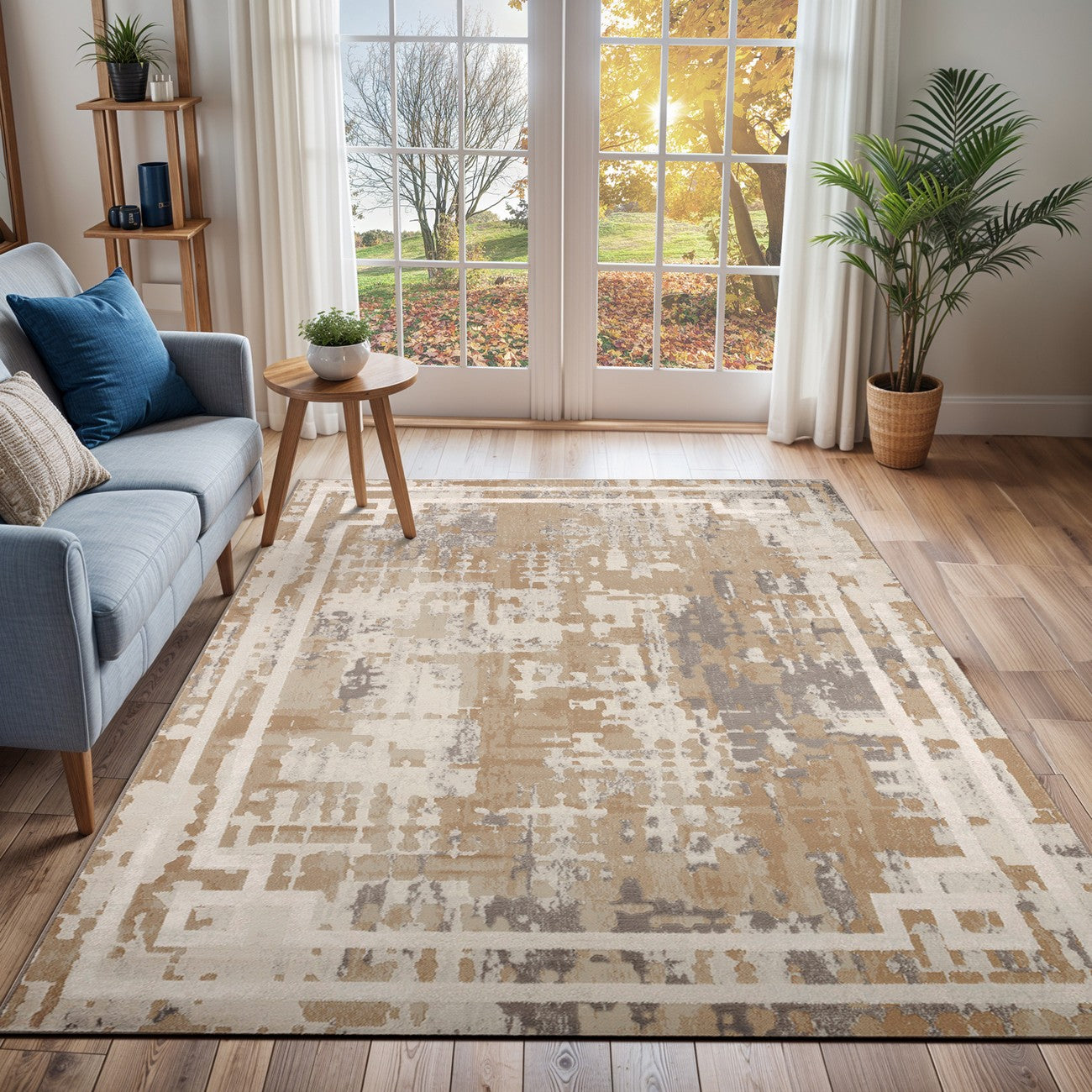 MARTINA Abstract Modern Marble Beige/White Area Rug Roomscene