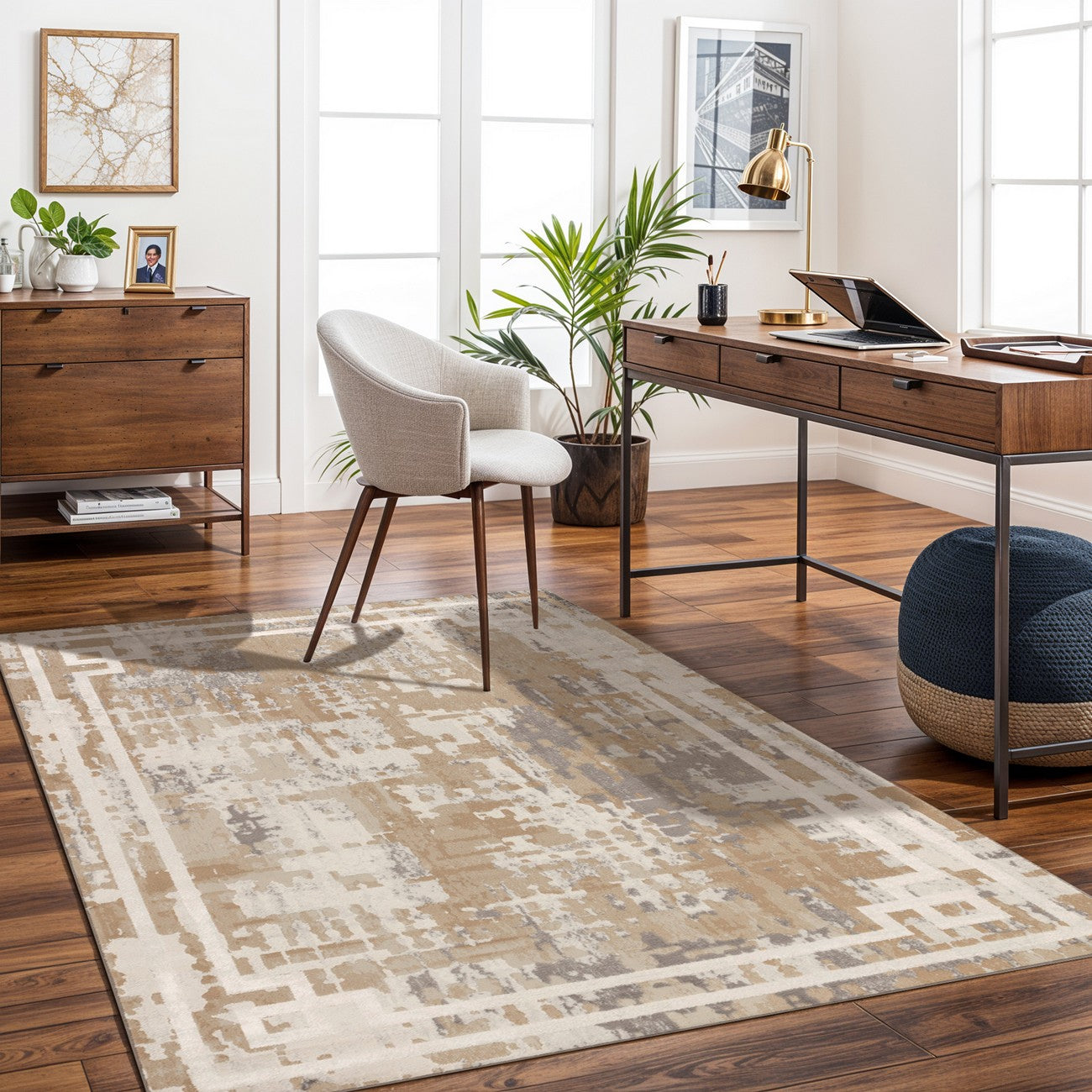 MARTINA Abstract Modern Marble Beige/White Area Rug Roomscene