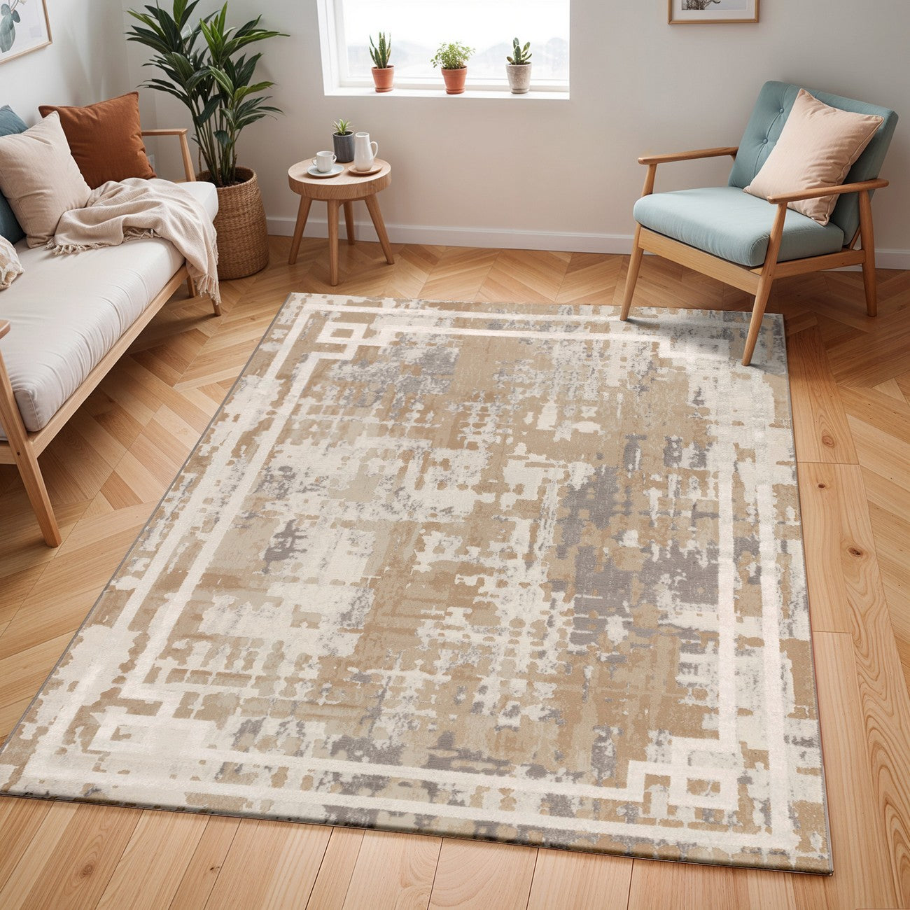 MARTINA Abstract Modern Marble Beige/White Area Rug Roomscene