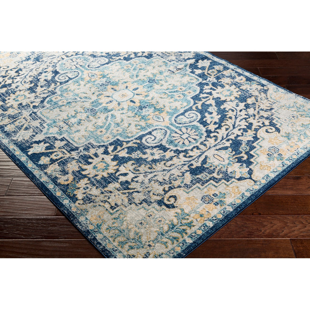 MAVERICK Vintage Traditional Oriental Boho Sky Blue Area Rug Corner