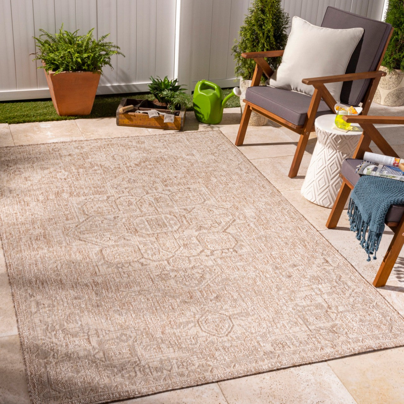 MAYA Outdoor Oriental Jute-Look Brown Area Rug Roomscene