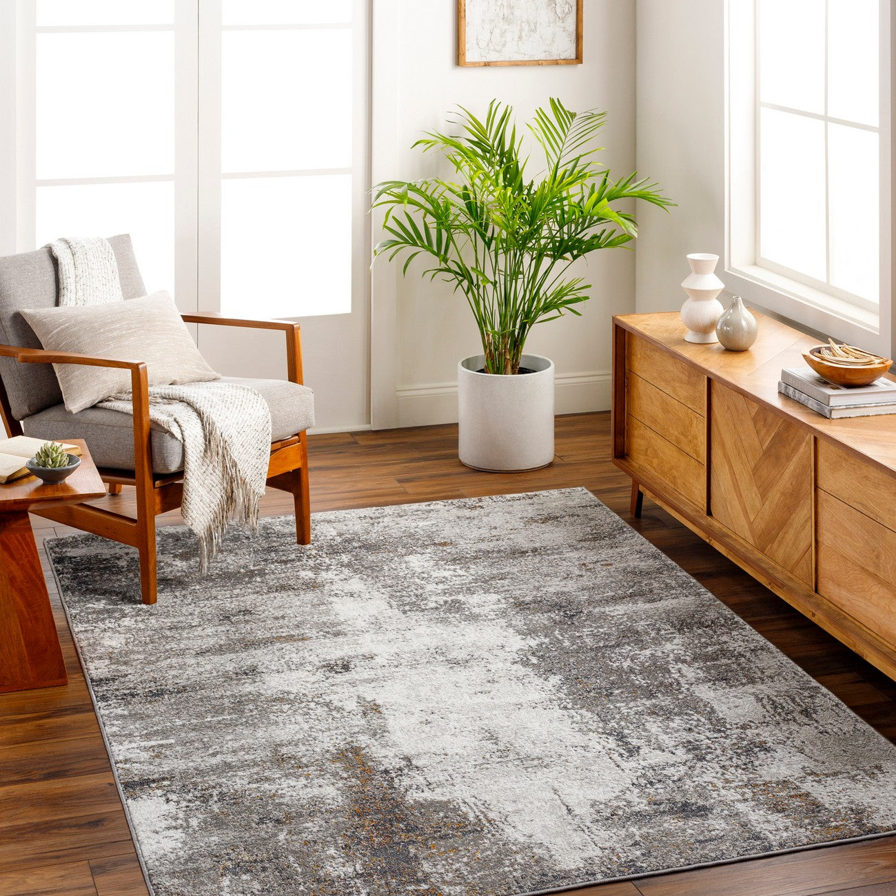 MAYLENE Abstract Modern Marble Charcoal Area Rug Roomscene