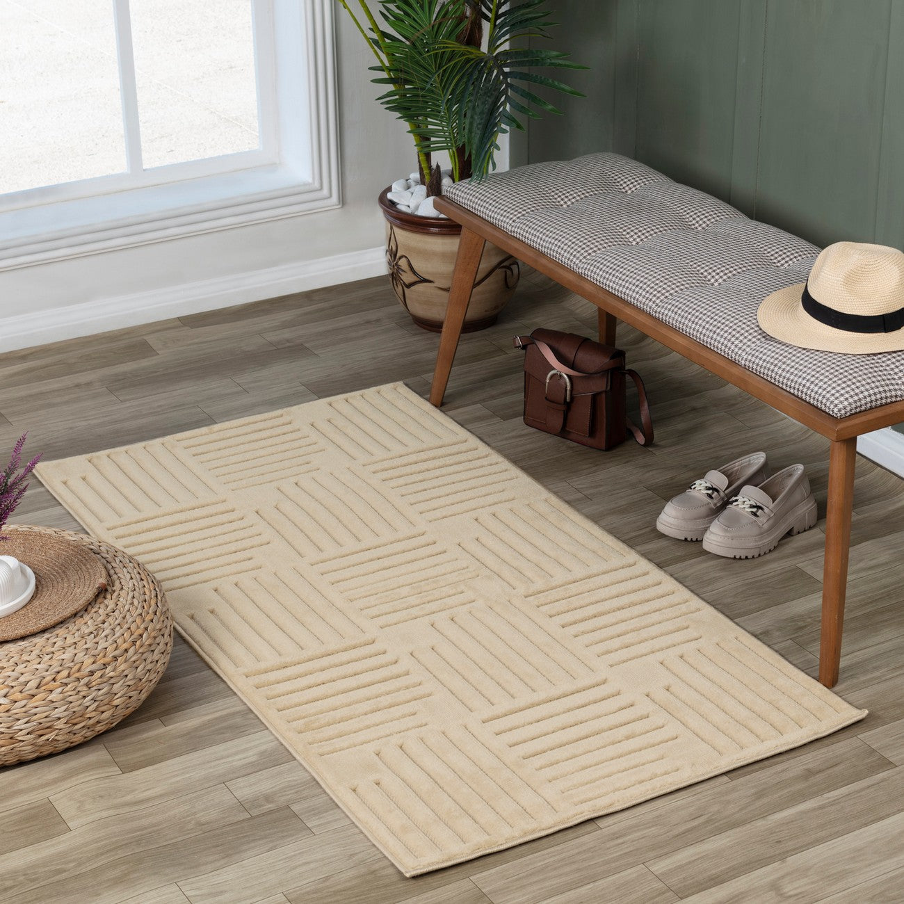 MIDORI Indoor & Outdoor Scandi Modern Beige Area Rug Roomscene