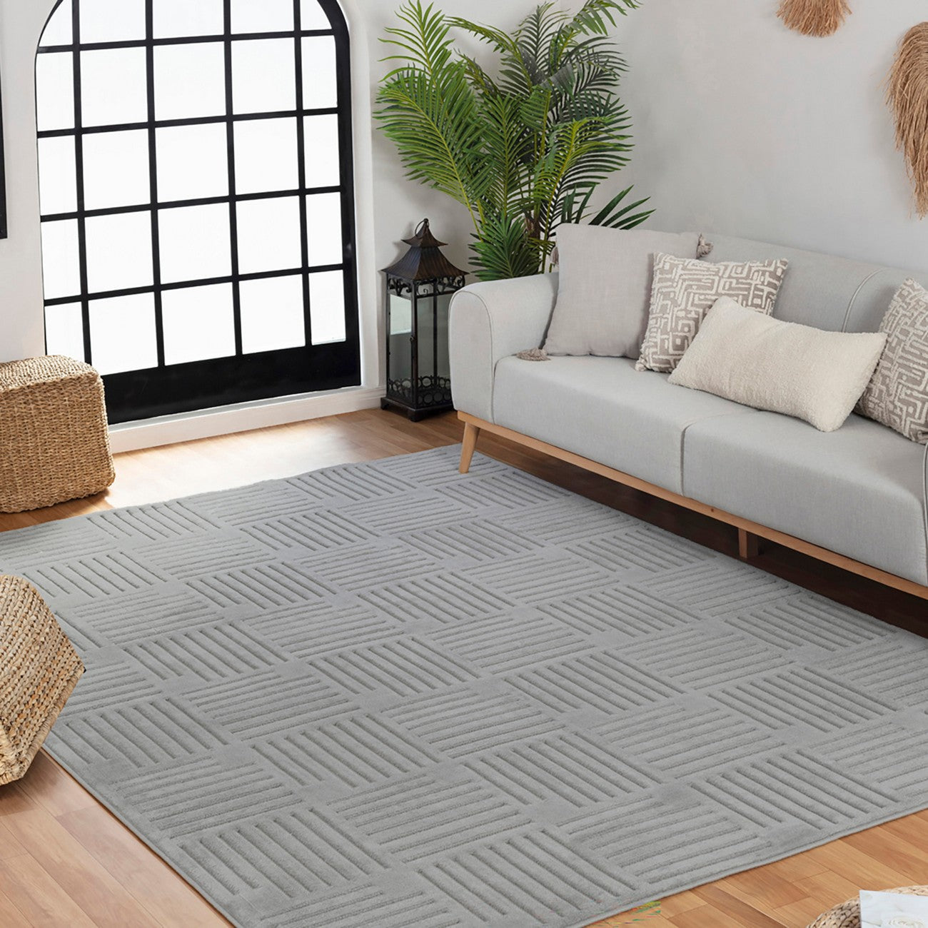 MIDORI Indoor & Outdoor Scandi Modern Grey Area Rug Roomscene