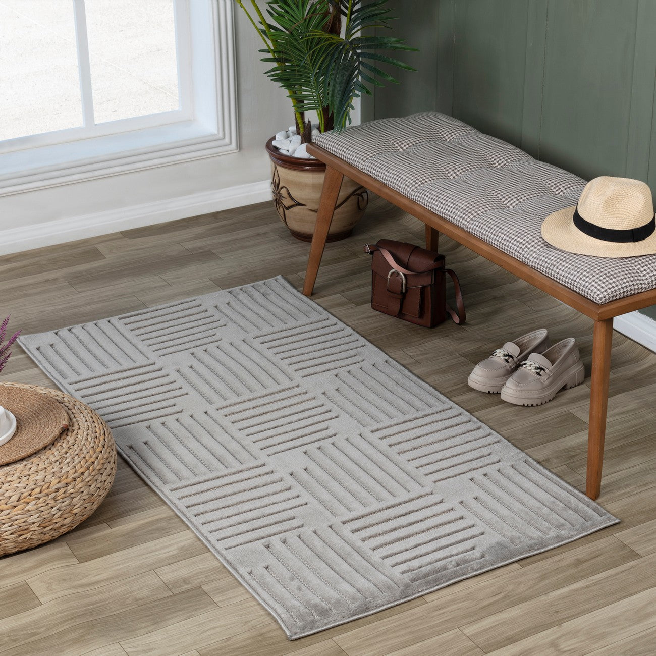 MIDORI Indoor & Outdoor Scandi Modern Grey Area Rug Roomscene
