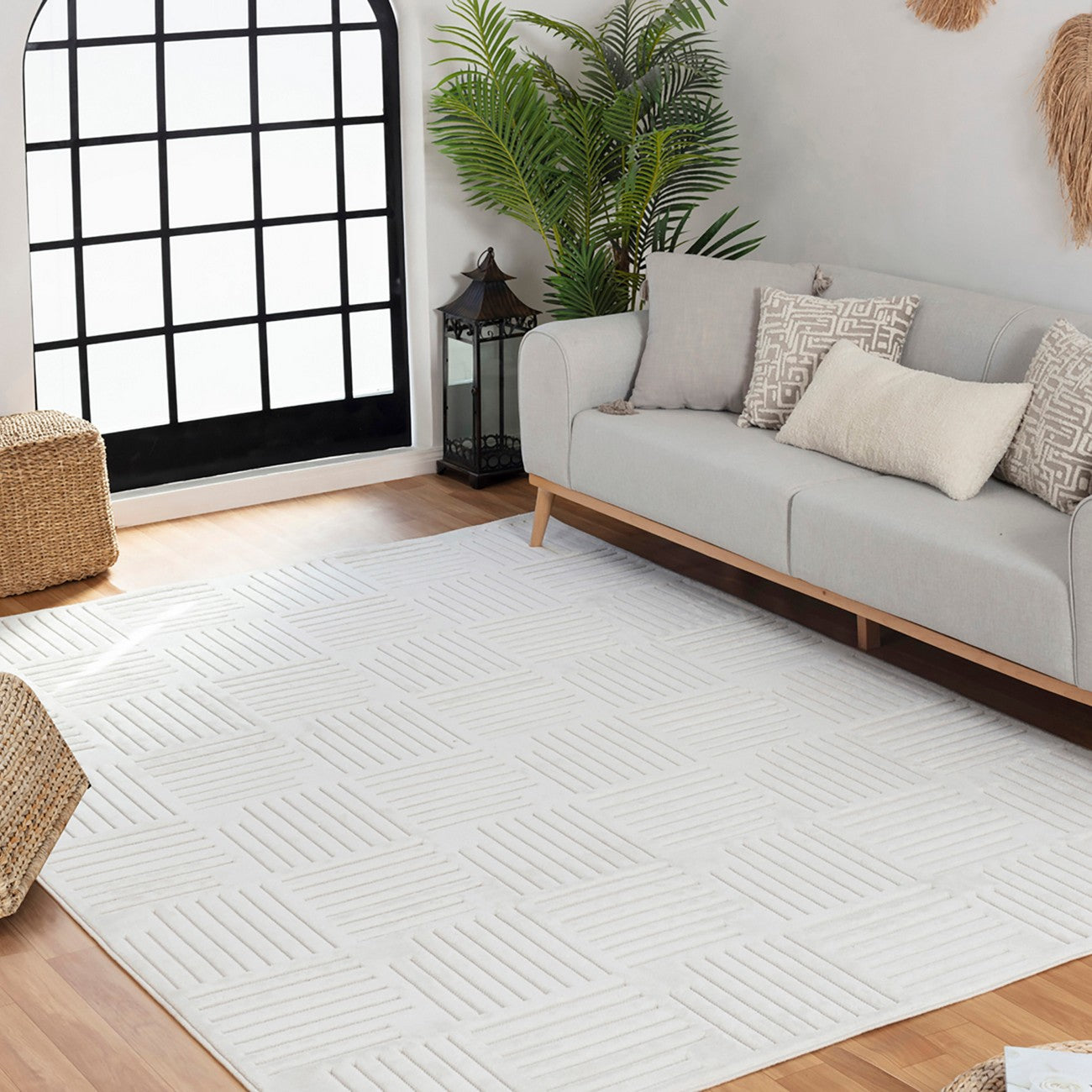 MIDORI Indoor & Outdoor Scandi Modern White Area Rug Roomscene