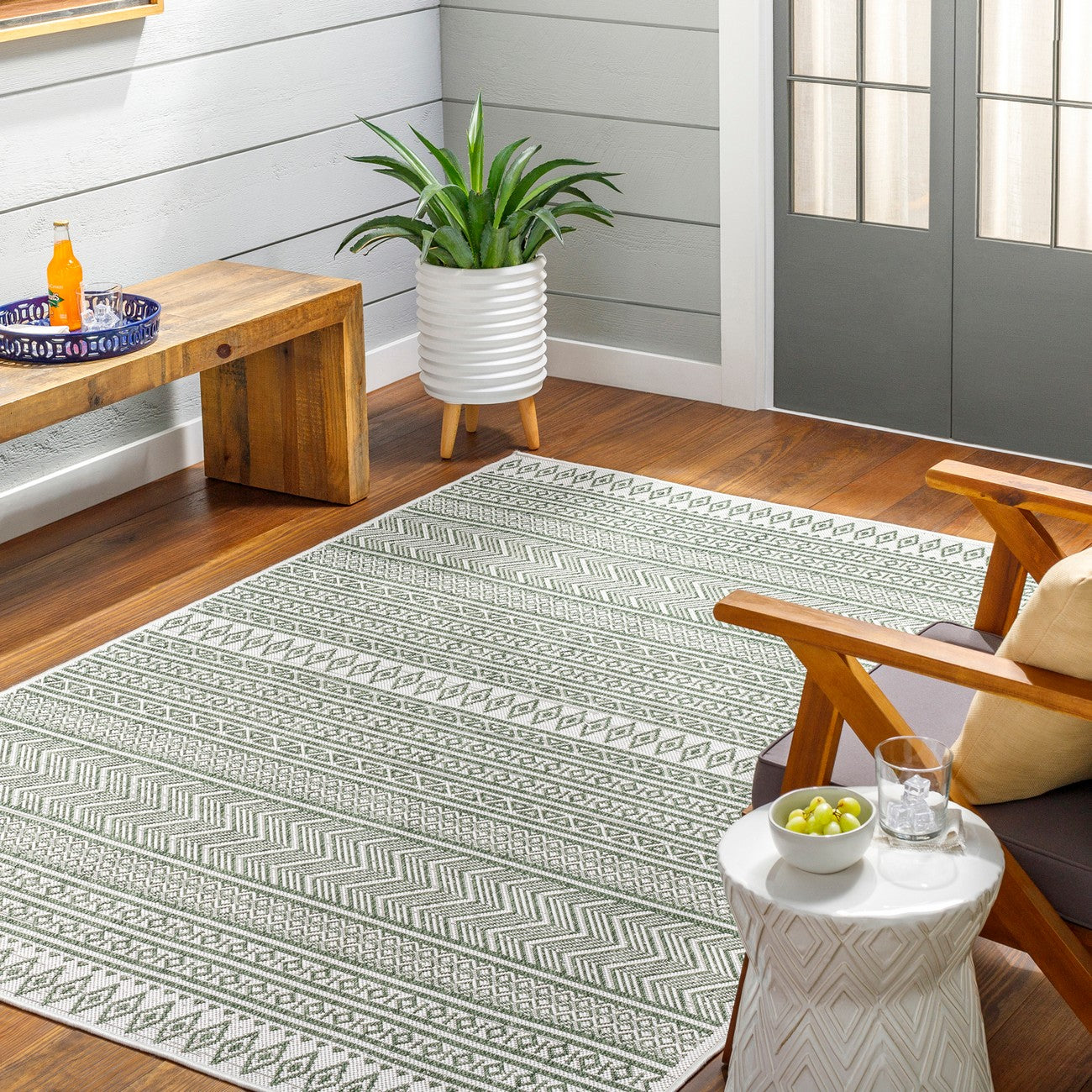 MIMI Indoor & Outdoor Global Olive Green/Beige Area Rug Roomscene