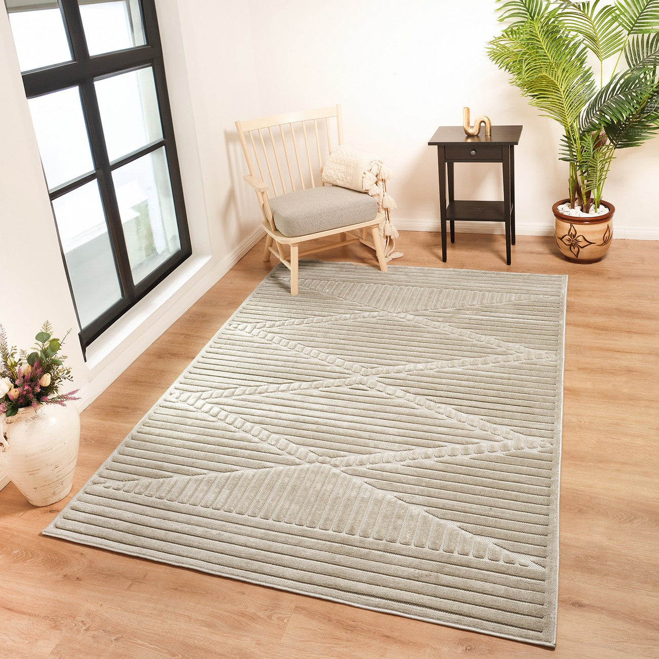 MITSUKO Indoor & Outdoor 3D High & Low Pile Textured Beige Area Rug Roomscene