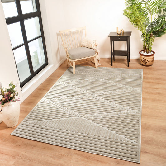 MITSUKO Indoor & Outdoor 3D High & Low Pile Textured Beige Area Rug Roomscene