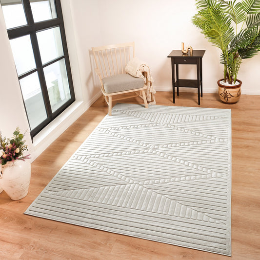 MITSUKO Indoor & Outdoor 3D High & Low Pile Textured White Area Rug Roomscene
