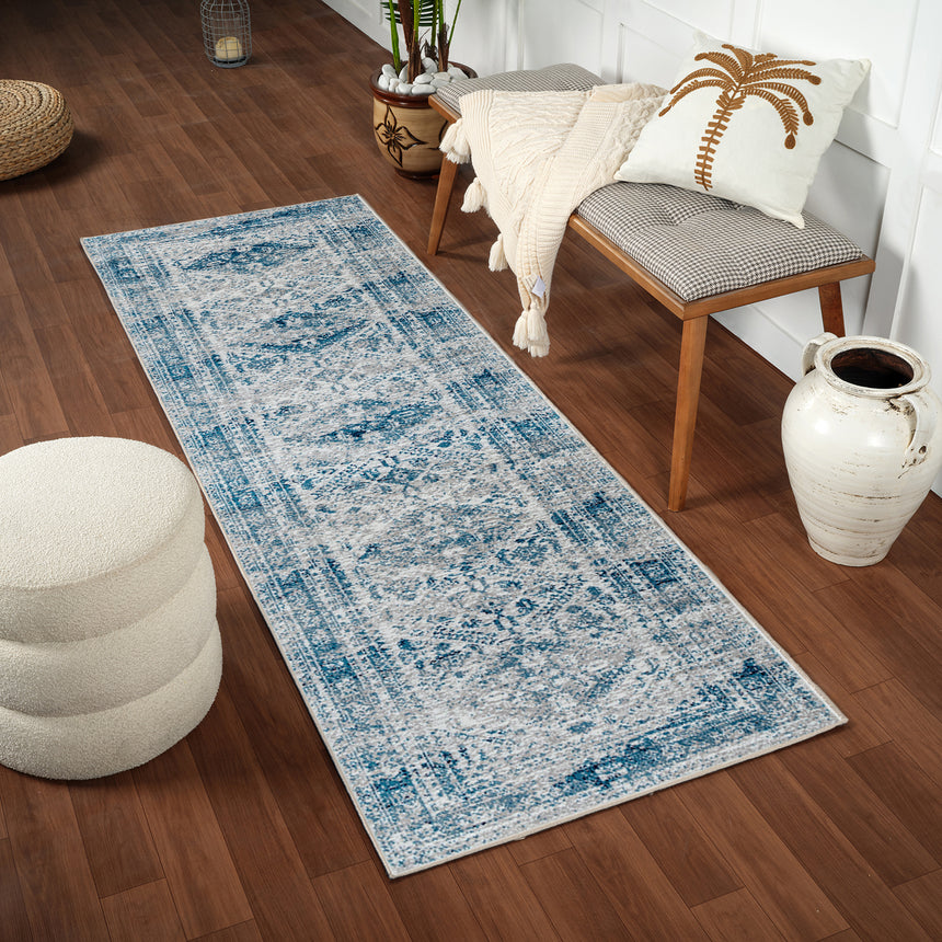 Neelam Vintage Oriental Boho Sky Blue/Light Grey/White/Navy Rug