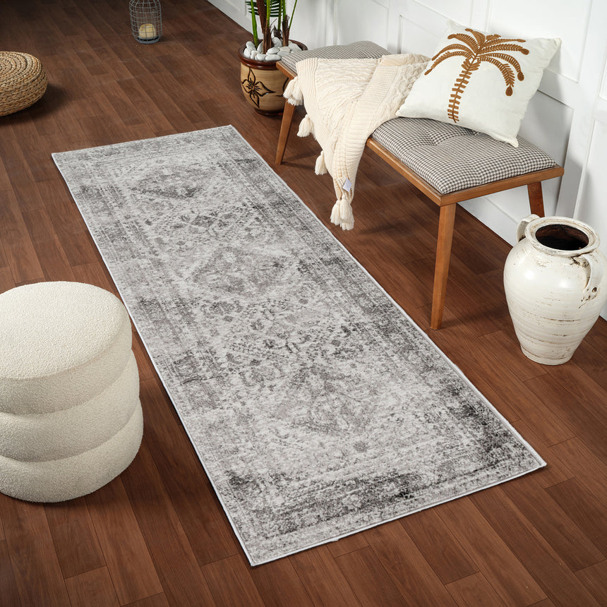 Neelam Vintage Oriental Boho Light Grey/White/Charcoal Rug