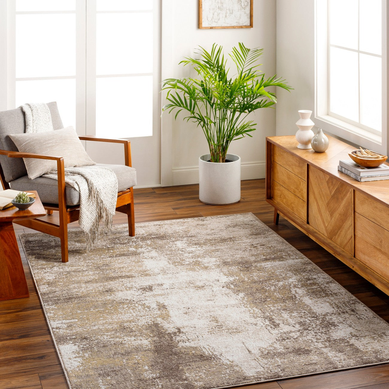 NALANY Abstract Modern Marble Light Brown Area Rug Roomscene