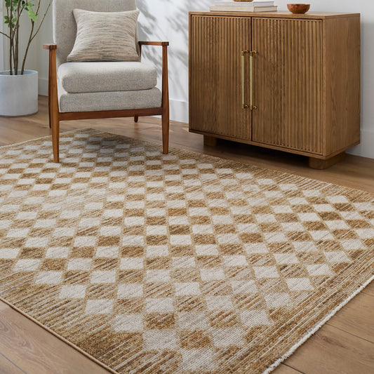 NATI Galey Alix x Livabliss Scandi Geometric Mustard/Cream Area Rug Roomscene