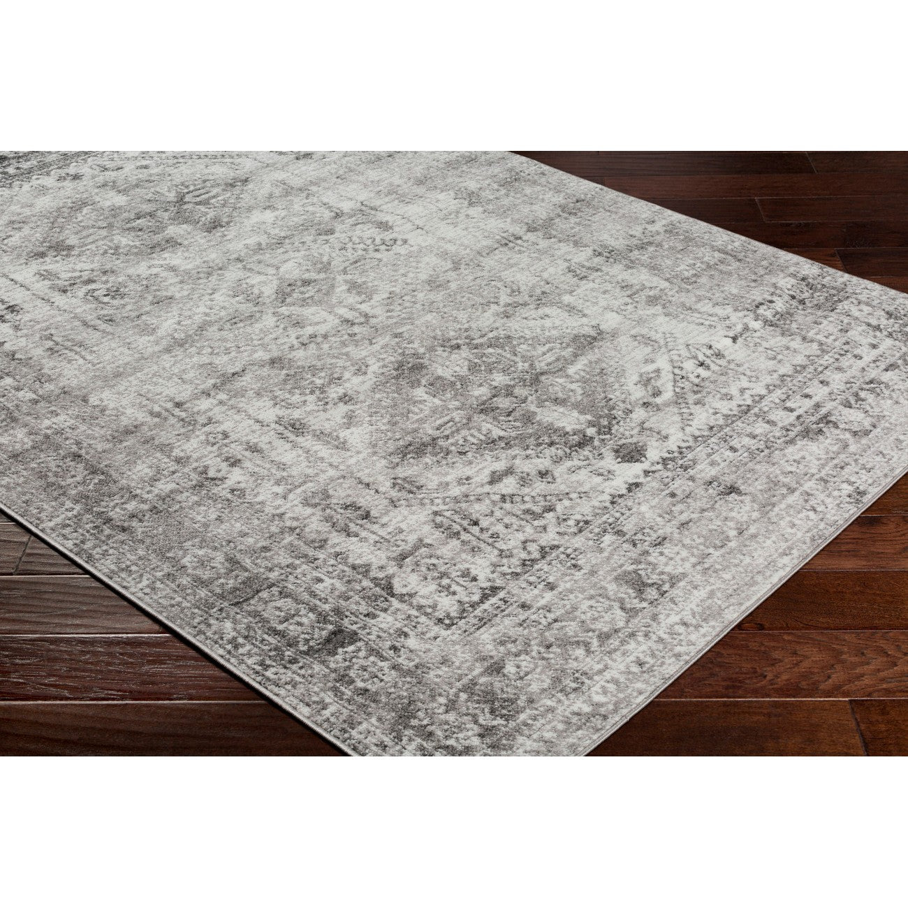 NEELAM Vintage Traditional Oriental Boho Light Grey/White/Charcoal Area Rug Corner