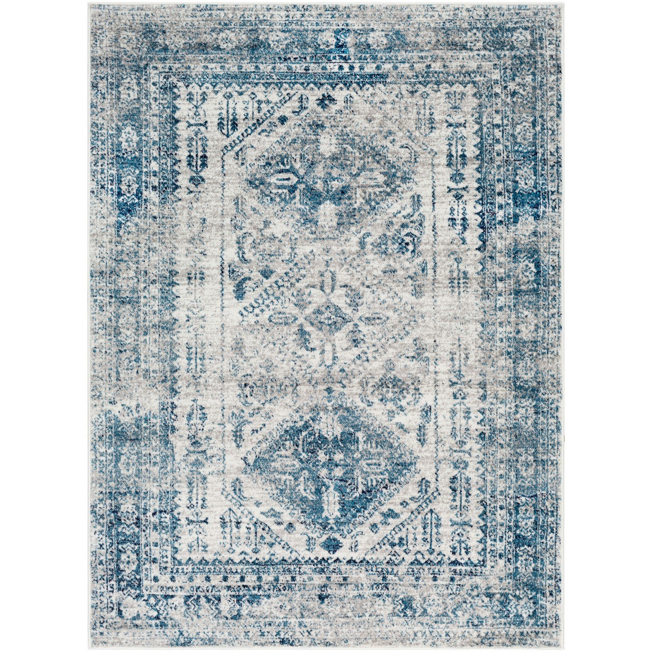 NEELAM Vintage Traditional Oriental Boho Sky Blue/Light Grey/White/Navy Area Rug Flat