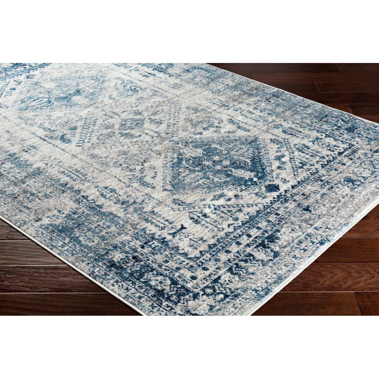 NEELAM Vintage Traditional Oriental Boho Sky Blue/Light Grey/White/Navy Area Rug Corner