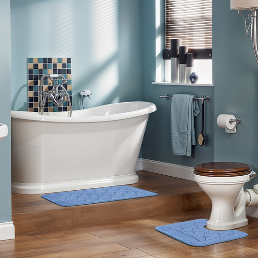 NILAH 2 Piece Machine Washable Non-Slip Blue Bathroom Rug Set Roomscene