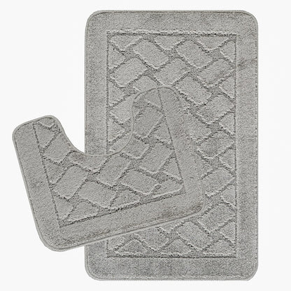 NILAH 2 Piece Machine Washable Non-Slip Light Grey Bathroom Rug Set Set
