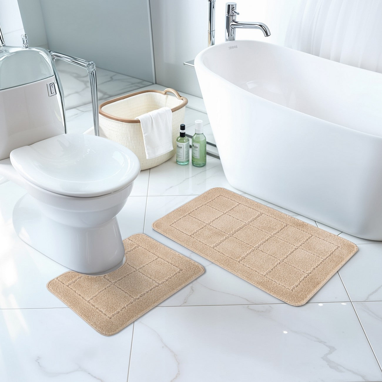 NOELLE 2 Piece Machine Washable Non-Slip Beige Bathroom Rug Set Roomscene