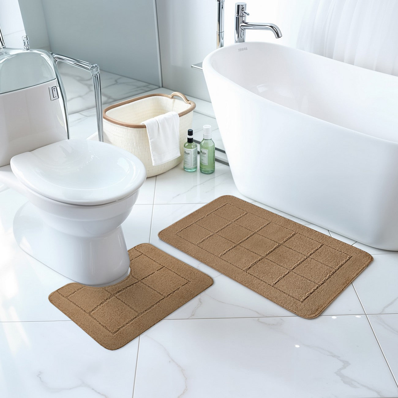 NOELLE 2 Piece Machine Washable Non-Slip Brown Bathroom Rug Set Roomscene