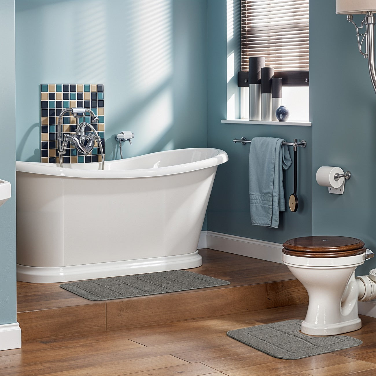 NOELLE 2 Piece Machine Washable Non-Slip Dark Grey Bathroom Rug Set Roomscene