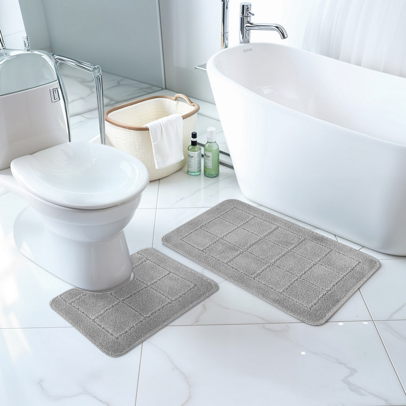 NOELLE 2 Piece Machine Washable Non-Slip Grey Bathroom Rug Set Roomscene