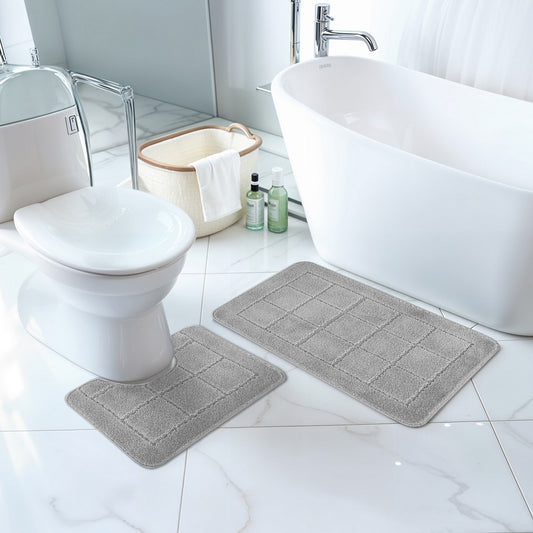 NOELLE 2 Piece Machine Washable Non-Slip Grey Bathroom Rug Set Roomscene