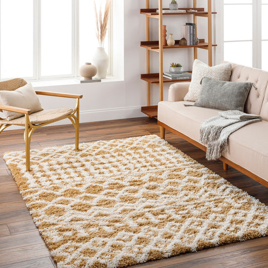 NOUR Shaggy Geometric Plush Pile Camel Area Rug Roomscene