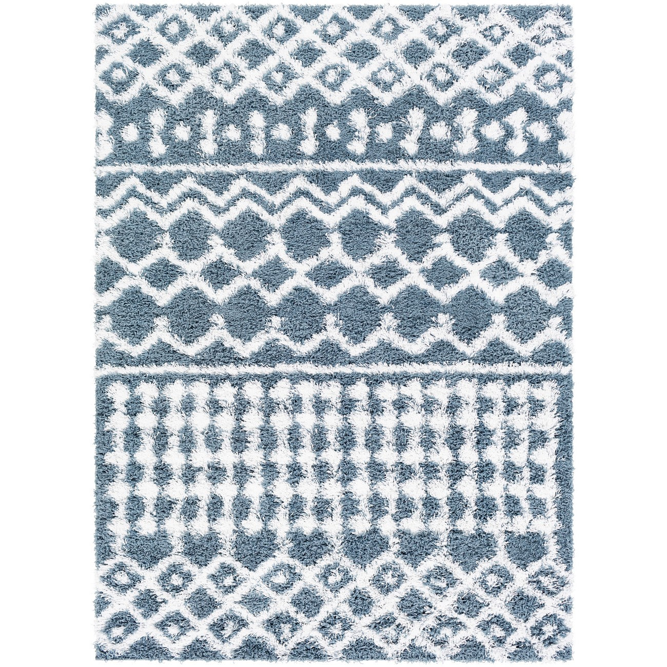 NOUR Shaggy Geometric Plush Pile Denim Area Rug Flat