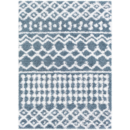 NOUR Shaggy Geometric Plush Pile Denim Area Rug Flat
