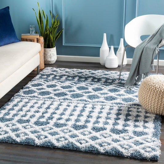 NOUR Shaggy Geometric Plush Pile Denim Area Rug Roomscene