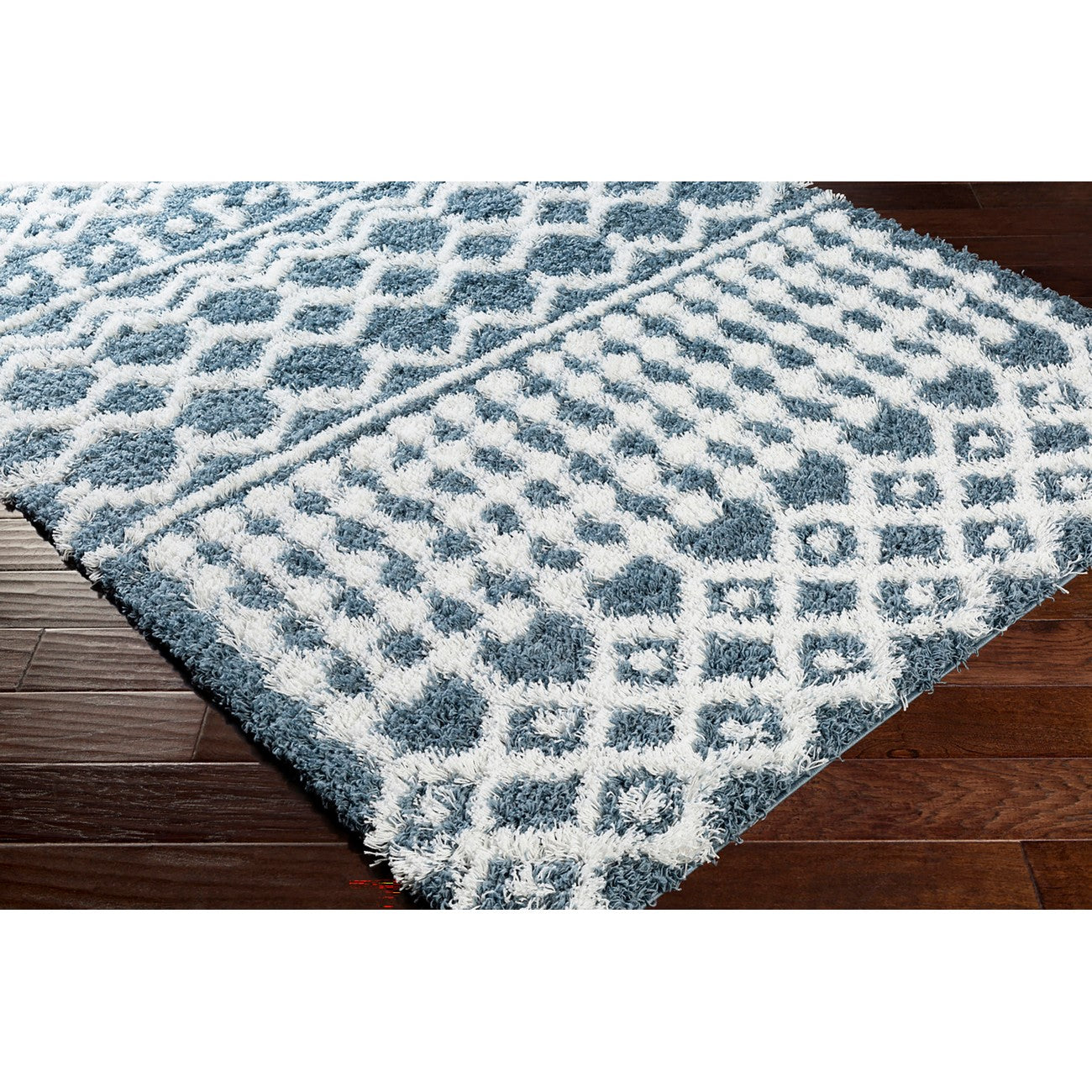 NOUR Shaggy Geometric Plush Pile Denim Area Rug Corner
