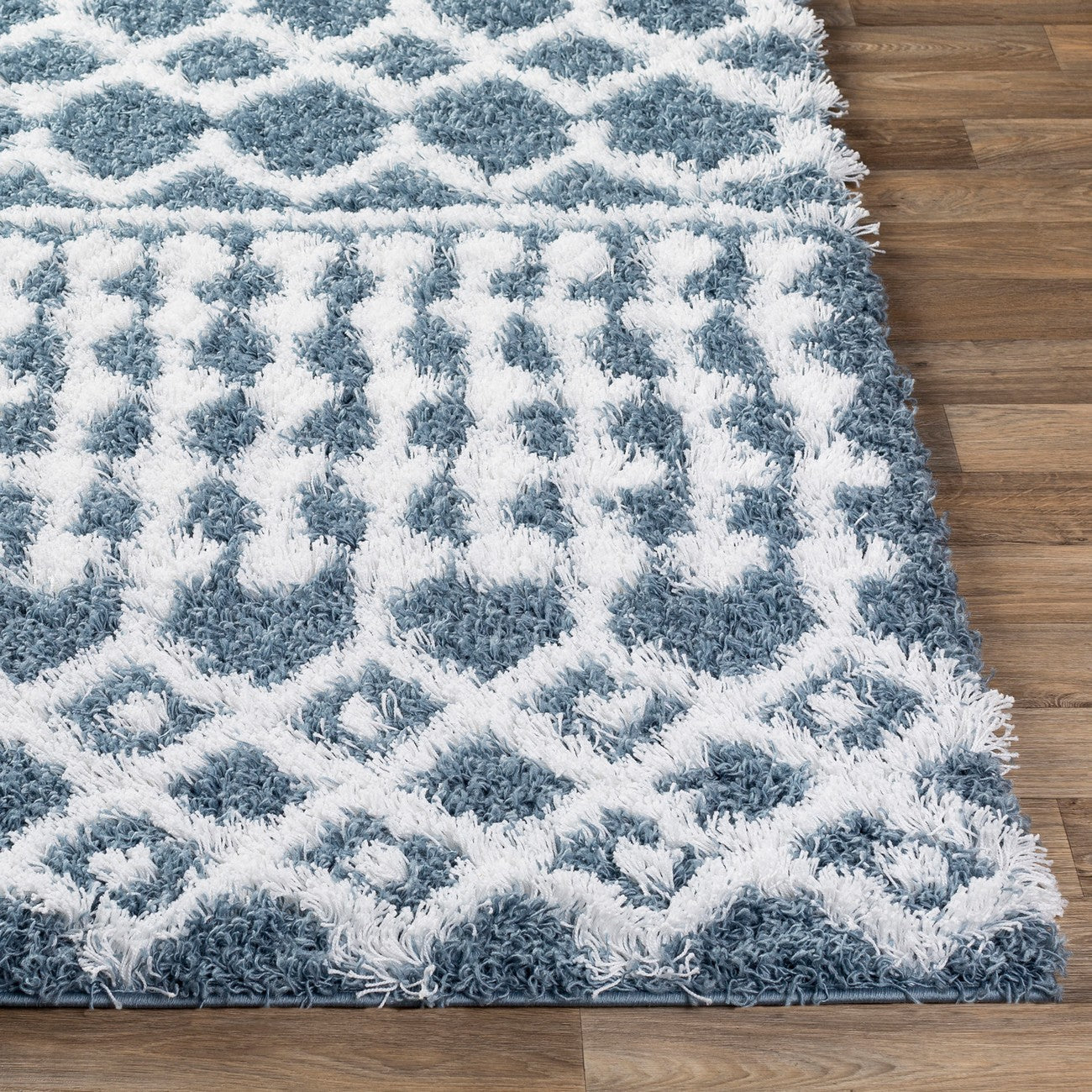 NOUR Shaggy Geometric Plush Pile Denim Area Rug Front