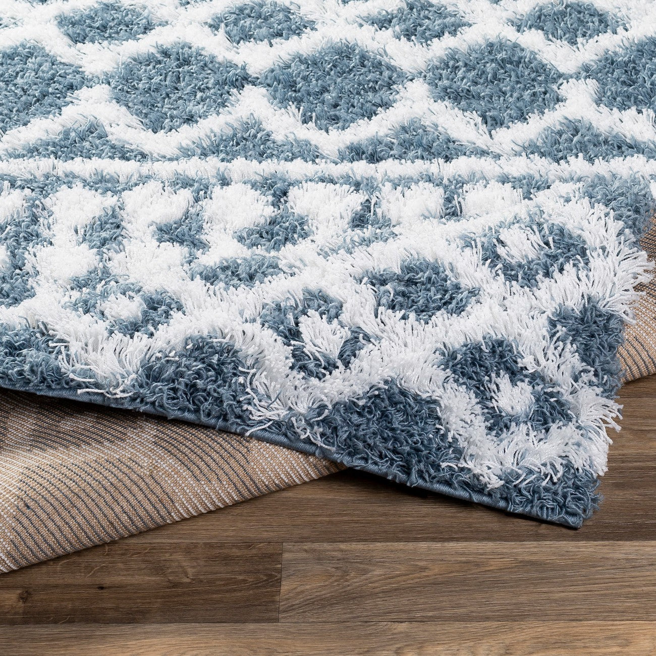 NOUR Shaggy Geometric Plush Pile Denim Area Rug Fold