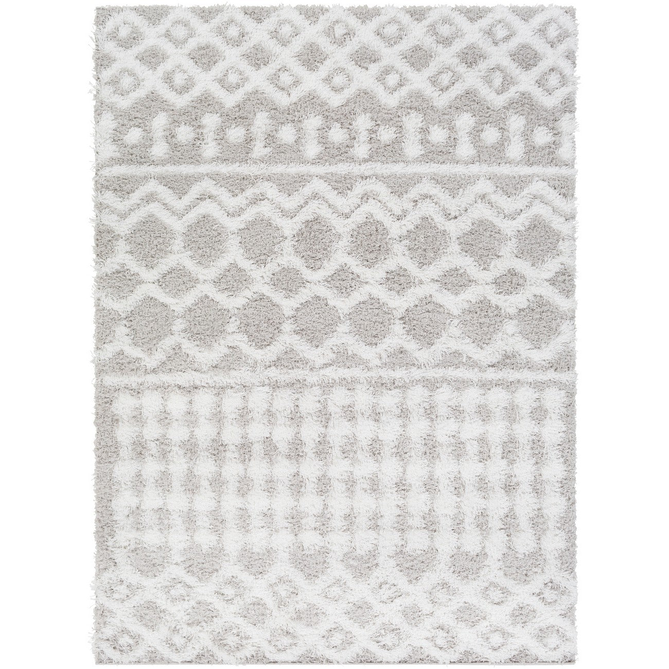 NOUR Shaggy Geometric Plush Pile Light Grey Area Rug Flat