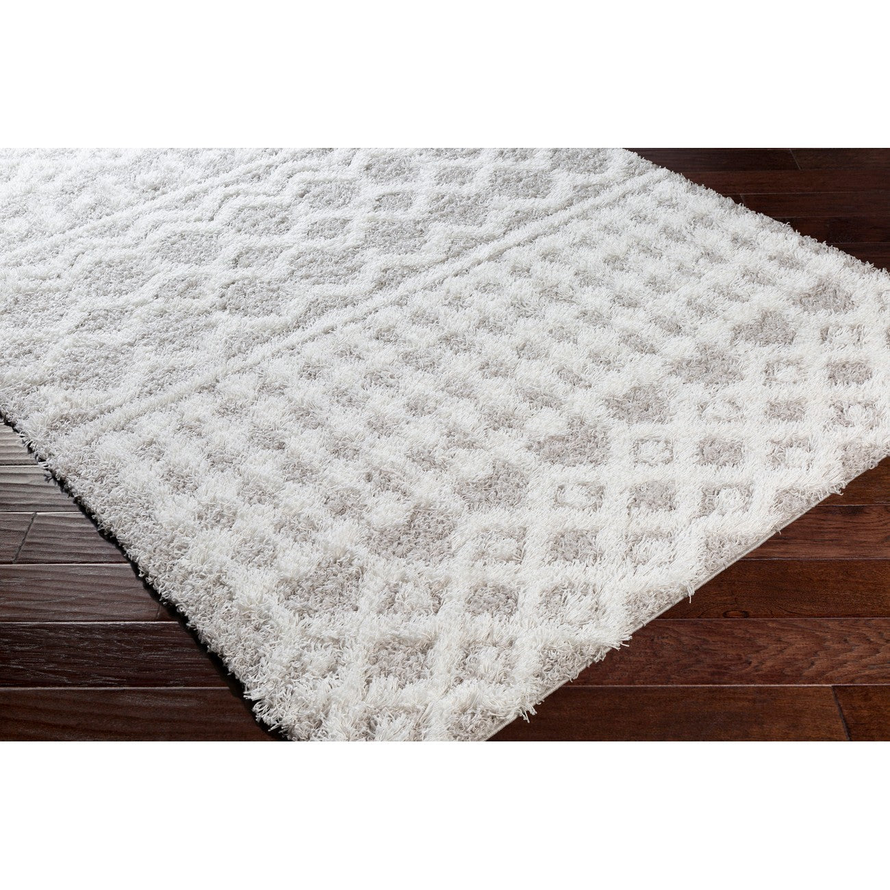 NOUR Shaggy Geometric Plush Pile Light Grey Area Rug Corner