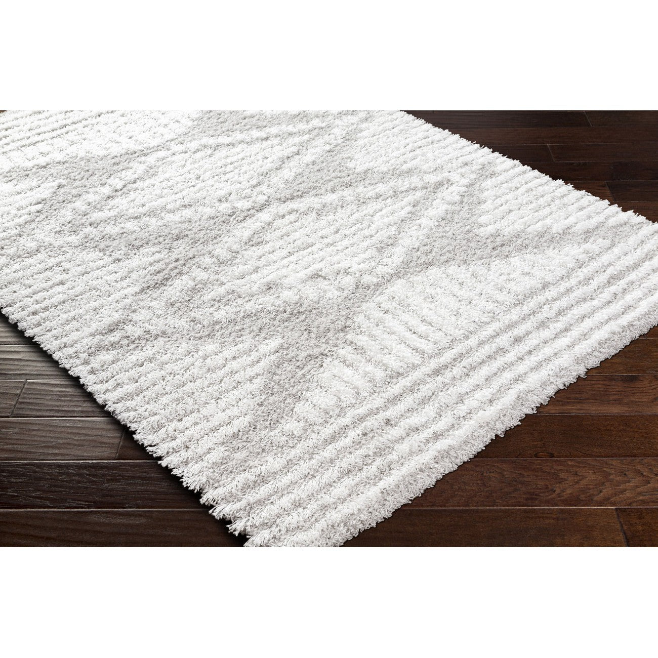NURIA Shaggy Modern Plush Pile Light Grey Area Rug Corner